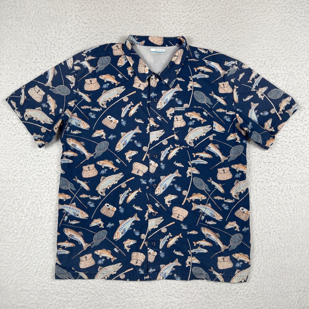 Columbia PFG Fishing Shirt Mens XL Navy Blue Trout Print Short Sleeve FM7011